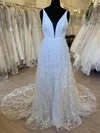 A-line V-neck Tulle Stretch Crepe Sweep Train Wedding Dress With Appliques Lace #Milly00028538