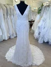 Sheath/Column V-neck Lace Sweep Train Wedding Dress With Appliques Lace #Milly00028539
