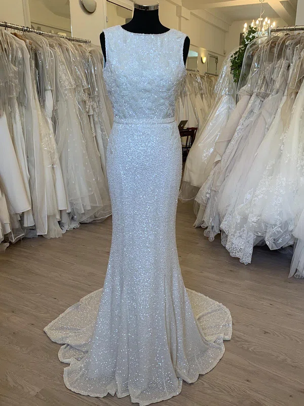 Sheath/Column Scoop Neck Sequin Sweep Train Wedding Dress With Beading #Milly00028540