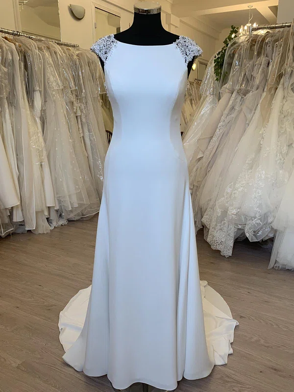 Sheath/Column Scoop Neck Stretch Crepe Sweep Train Wedding Dress With Appliques Lace #Milly00028541