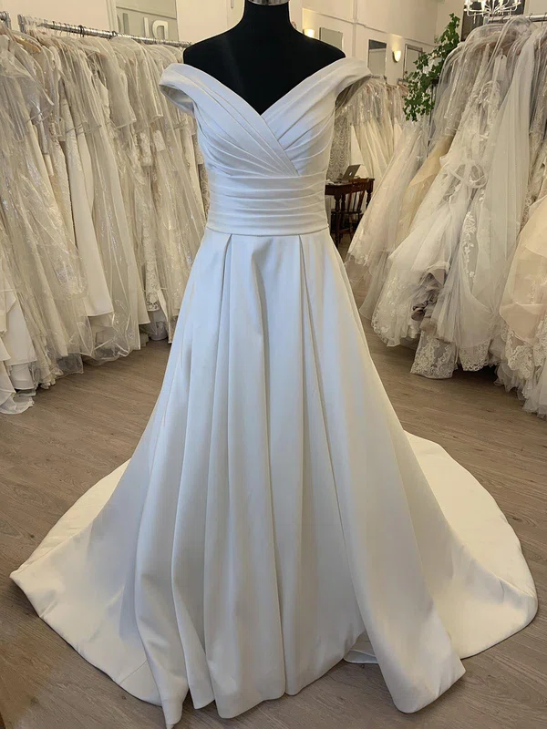 Ball Gown/Princess Off-the-shoulder Satin Sweep Train Wedding Dress With Ruched #Milly00028546