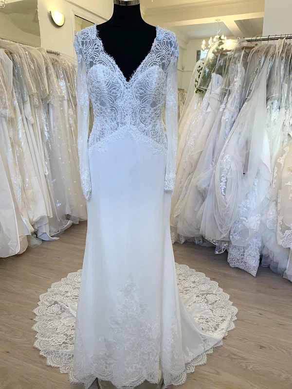 Sheath/Column V-neck Chiffon Sweep Train Wedding Dress With Appliques Lace #Milly00028549