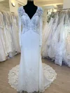 Sheath/Column V-neck Chiffon Sweep Train Wedding Dress With Appliques Lace #Milly00028549