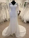 Sheath/Column V-neck Lace Sweep Train Wedding Dress #Milly00028550