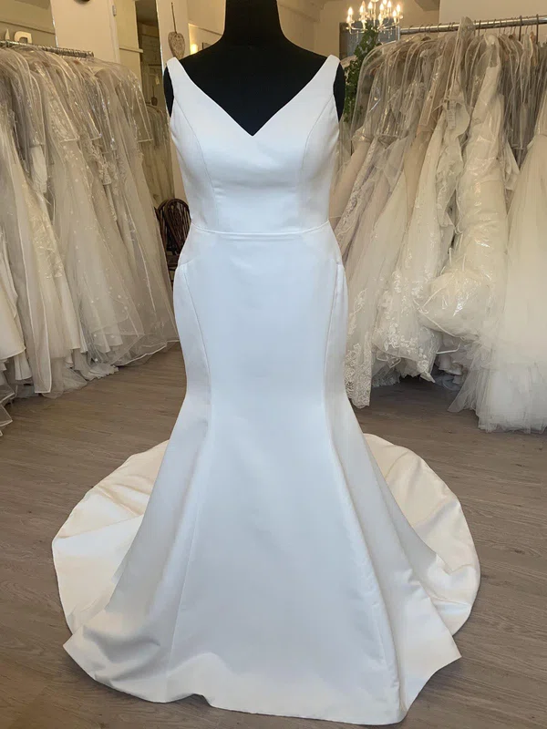 Trumpet/Mermaid V-neck Satin Sweep Train Wedding Dress With Pockets #Milly00028551