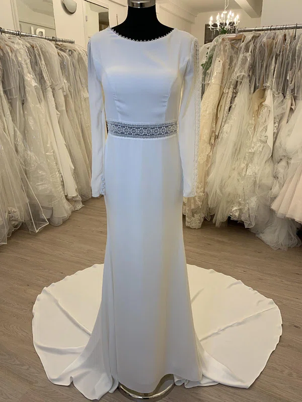 Sheath/Column Scoop Neck Stretch Crepe Sweep Train Wedding Dress With Beading #Milly00028555