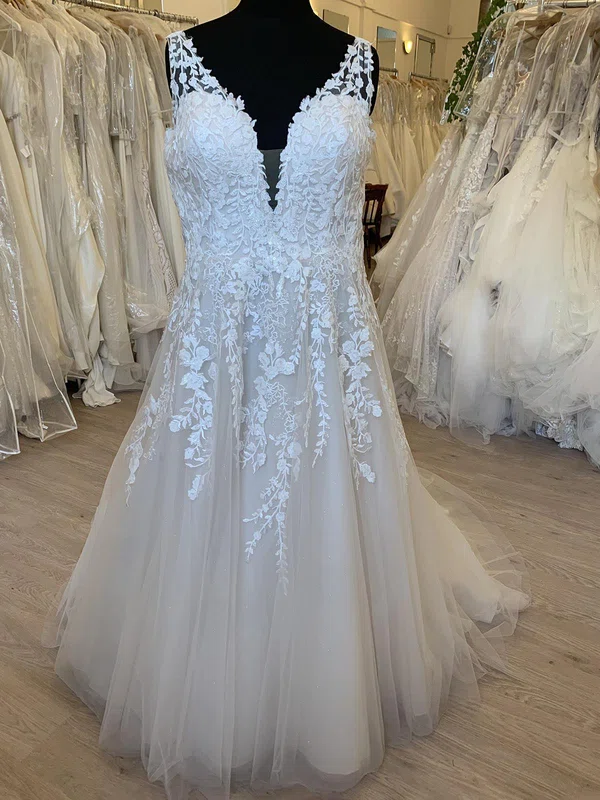 Ball Gown/Princess V-neck Glitter Sweep Train Wedding Dress With Ruched #Milly00028556