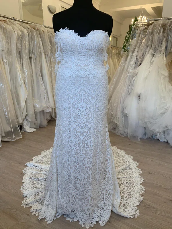 Sheath/Column Off-the-shoulder Lace Sweep Train Wedding Dress #Milly00028565