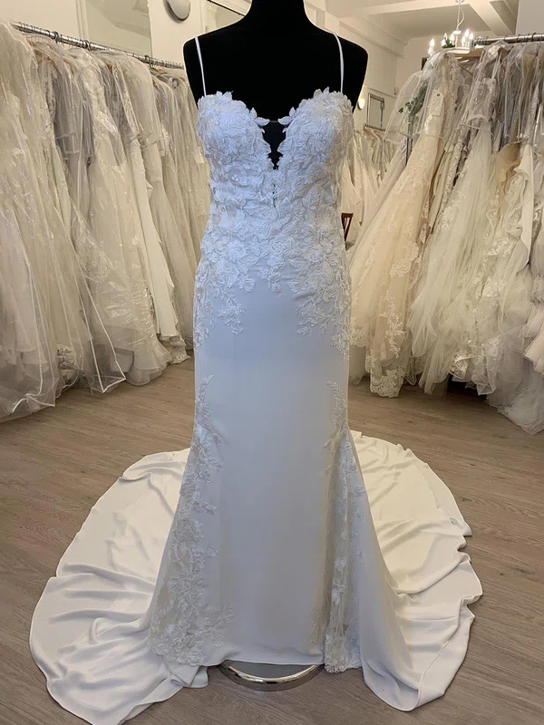Sheath/Column Sweetheart Satin Court Train Wedding Dress With Appliques Lace #Milly00028567
