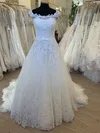 Ball Gown/Princess Scoop Neck Lace Tulle Sweep Train Wedding Dress With Bow #Milly00028569