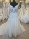 Trumpet/Mermaid V-neck Tulle Court Train Wedding Dress With Appliques Lace #Milly00028570