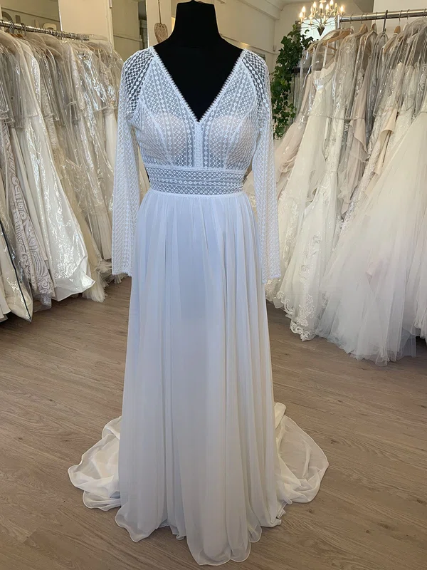 A-line V-neck Chiffon Sweep Train Wedding Dress With Ruched #Milly00028571
