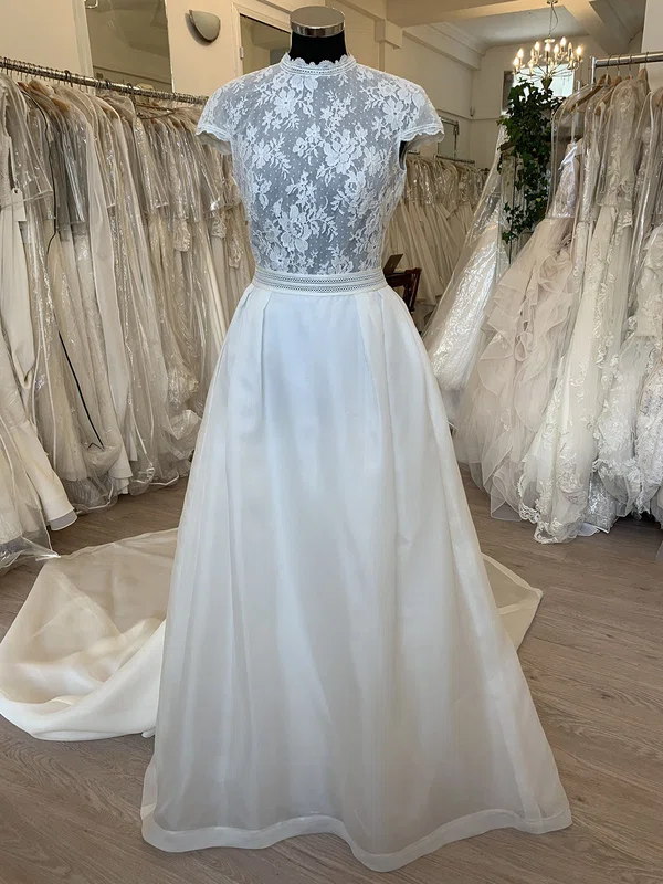 Ball Gown/Princess High Neck Lace Organza Court Train Wedding Dress With Ruched #Milly00028575