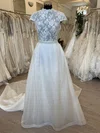 Ball Gown/Princess High Neck Lace Organza Court Train Wedding Dress With Ruched #Milly00028575