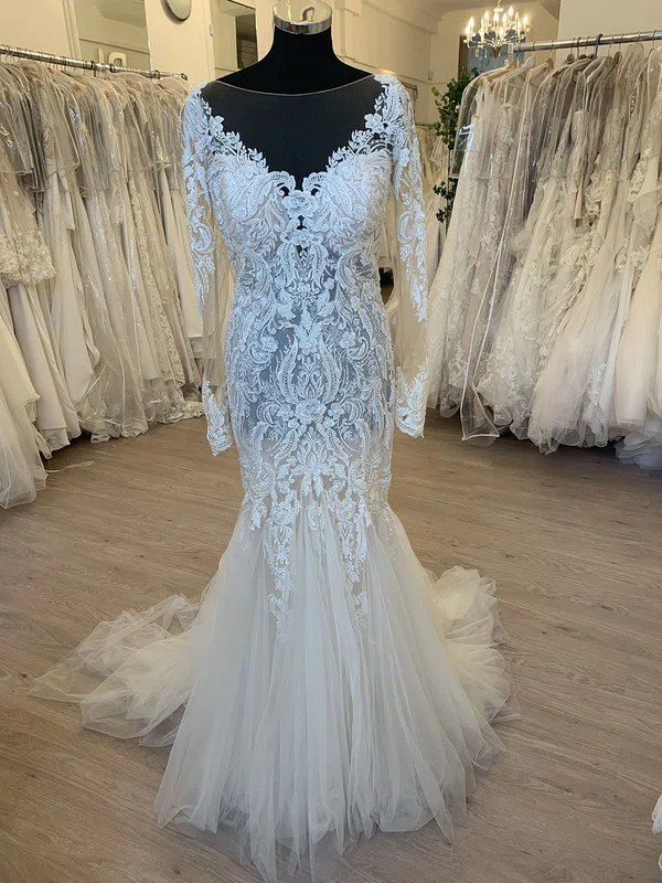 Trumpet/Mermaid Illusion Tulle Sweep Train Wedding Dress With Appliques Lace #Milly00028584