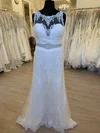 Sheath/Column Illusion Tulle Lace Sweep Train Wedding Dress With Beading #Milly00028585