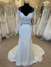 Trumpet/Mermaid V-neck Satin Sweep Train Wedding Dress With Appliques Lace #Milly00028586