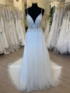 A-line V-neck Tulle Sweep Train Wedding Dress With Beading #Milly00028587