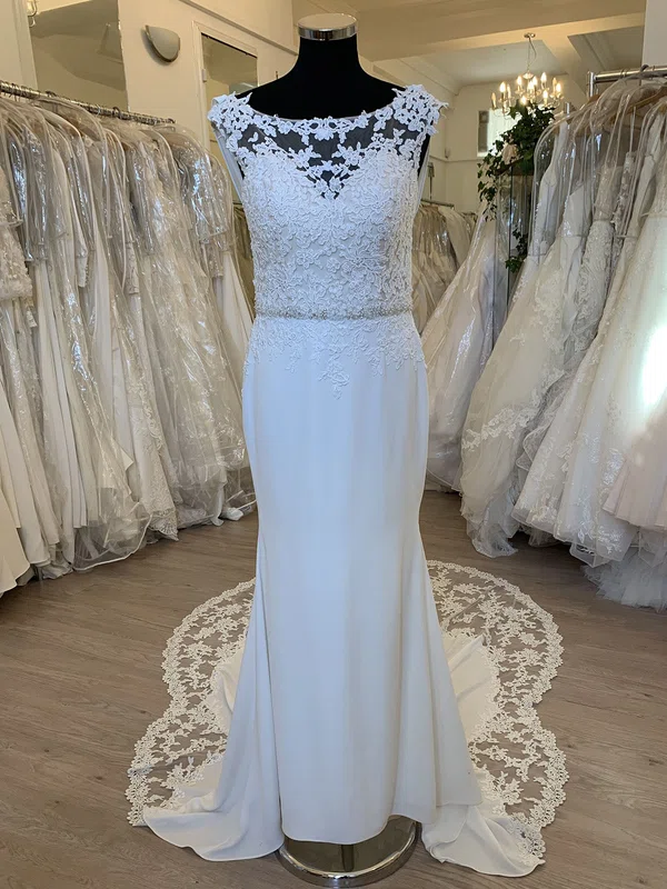 Sheath/Column Illusion Satin Chiffon Court Train Wedding Dress With Appliques Lace #Milly00028592