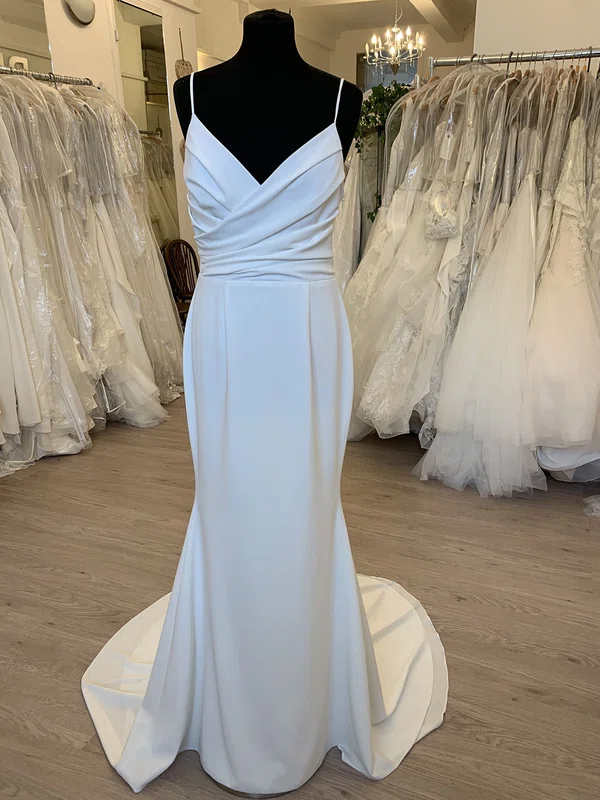 Sheath/Column V-neck Chiffon Sweep Train Wedding Dress With Ruched #Milly00028595