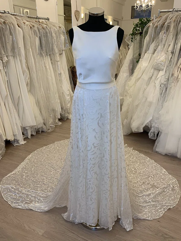 A-line Scoop Neck Tulle Stretch Crepe Court Train Wedding Dress With Ruched #Milly00028596