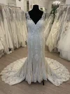 Trumpet/Mermaid V-neck Tulle Sweep Train Wedding Dress With Ruched #Milly00028597