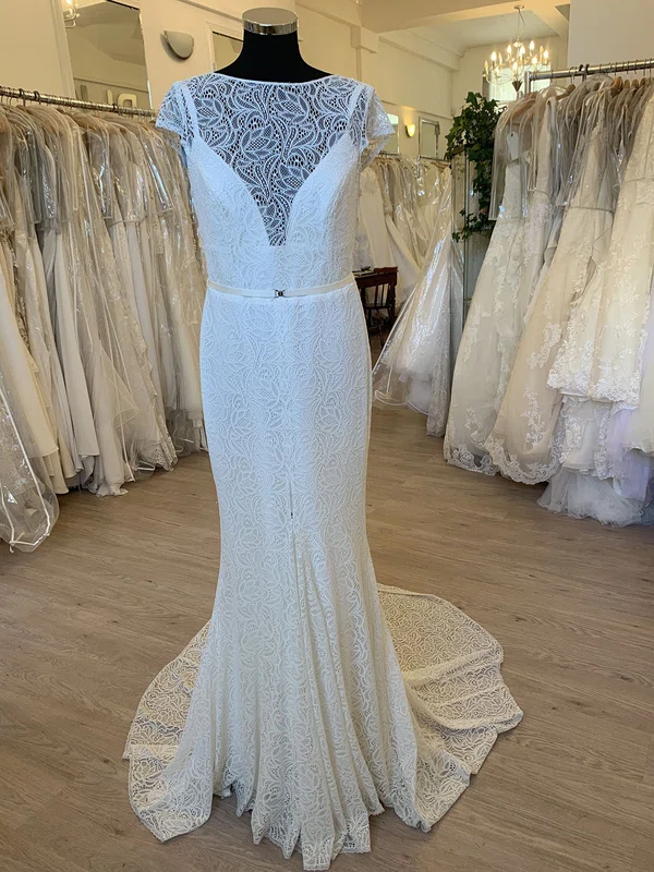 Sheath/Column Illusion Lace Sweep Train Wedding Dress #Milly00028598