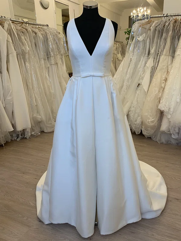 Ball Gown/Princess V-neck Satin Sweep Train Wedding Dress With Bow #Milly00028600