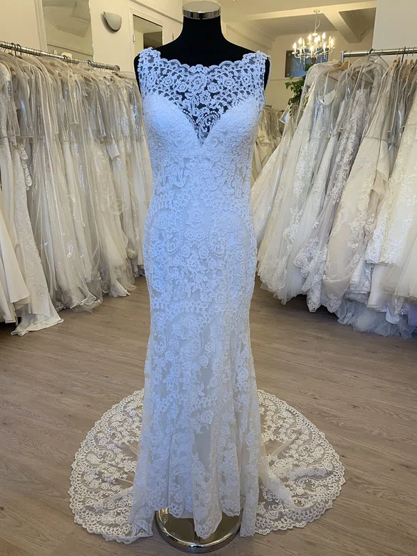 Sheath/Column Illusion Lace Tulle Sweep Train Wedding Dress #Milly00028601