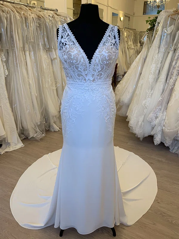 Sheath/Column V-neck Satin Chiffon Court Train Wedding Dress With Appliques Lace #Milly00028602