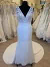 Sheath/Column V-neck Satin Chiffon Court Train Wedding Dress With Appliques Lace #Milly00028602