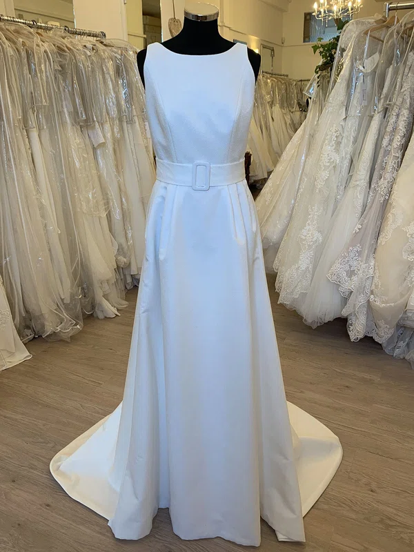 A-line Scoop Neck Satin Sweep Train Wedding Dress #Milly00028603