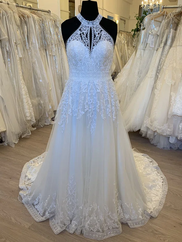 Ball Gown/Princess High Neck Tulle Sweep Train Wedding Dress With Appliques Lace #Milly00028607