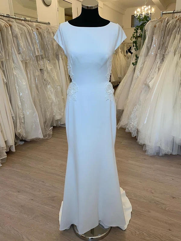 Sheath/Column Scoop Neck Stretch Crepe Sweep Train Wedding Dress With Appliques Lace #Milly00028613