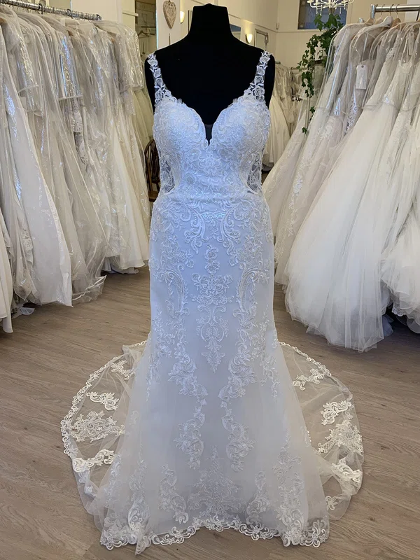 Sheath/Column Sweetheart Tulle Sweep Train Wedding Dress With Appliques Lace #Milly00028615