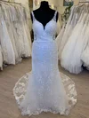 Sheath/Column Sweetheart Tulle Sweep Train Wedding Dress With Appliques Lace #Milly00028615