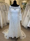 Sheath/Column Illusion Lace Tulle Sweep Train Wedding Dress With Appliques Lace #Milly00028617