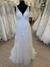 A-line V-neck Lace Tulle Sweep Train Wedding Dress With Pearl Detailing #Milly00028618