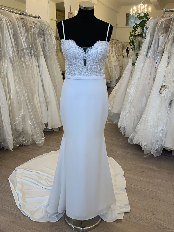 Sheath/Column Sweetheart Chiffon Sweep Train Wedding Dress With Appliques Lace #Milly00028619
