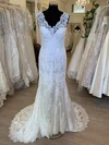 Sheath/Column V-neck Tulle Lace Sweep Train Wedding Dress With Appliques Lace #Milly00028620