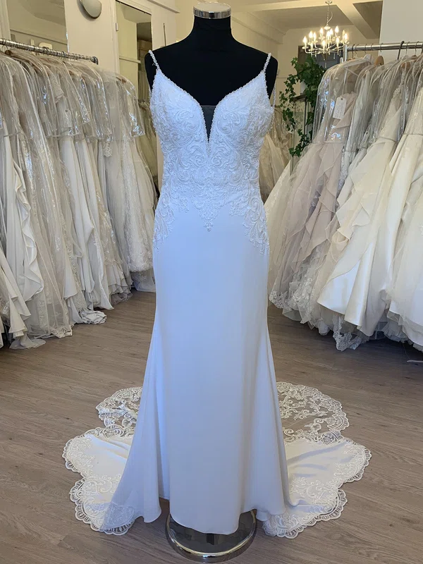 Sheath/Column V-neck Stretch Crepe Sweep Train Wedding Dress With Appliques Lace #Milly00028623