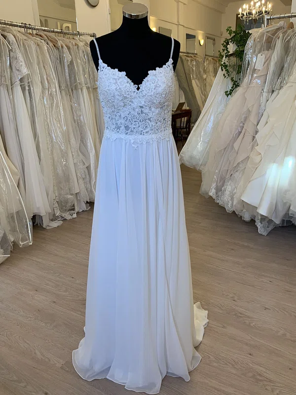 A-line V-neck Chiffon Sweep Train Wedding Dress With Appliques Lace #Milly00028624
