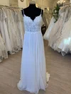 A-line V-neck Chiffon Sweep Train Wedding Dress With Appliques Lace #Milly00028624