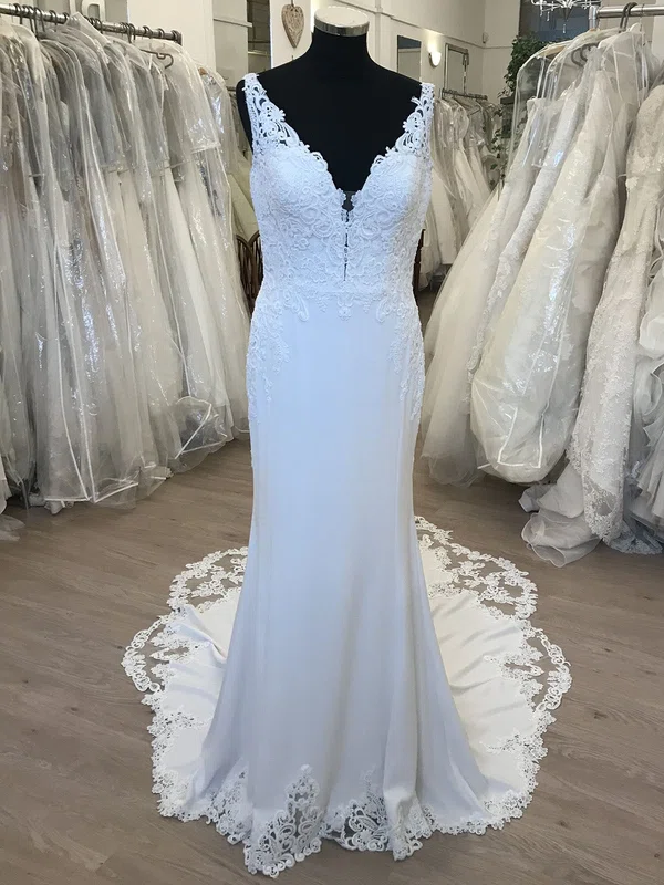 Sheath/Column V-neck Stretch Crepe Sweep Train Wedding Dress With Appliques Lace #Milly00028625