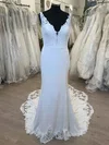 Sheath/Column V-neck Stretch Crepe Sweep Train Wedding Dress With Appliques Lace #Milly00028625