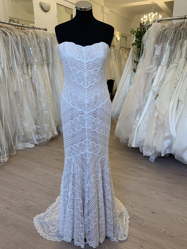Sheath/Column Sweetheart Lace Sweep Train Wedding Dress #Milly00028626