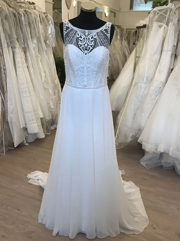 A-line Illusion Chiffon Sweep Train Wedding Dress With Pearl Detailing #Milly00028627