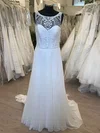A-line Illusion Chiffon Sweep Train Wedding Dress With Pearl Detailing #Milly00028627