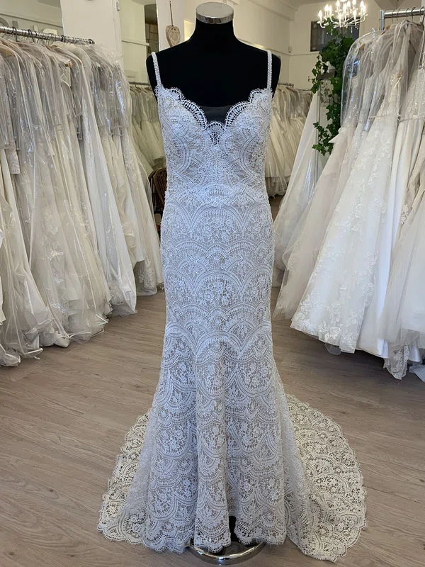 Sheath/Column V-neck Lace Sweep Train Wedding Dress #Milly00028628