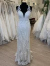 Sheath/Column V-neck Tulle Sweep Train Wedding Dress With Appliques Lace #Milly00028630